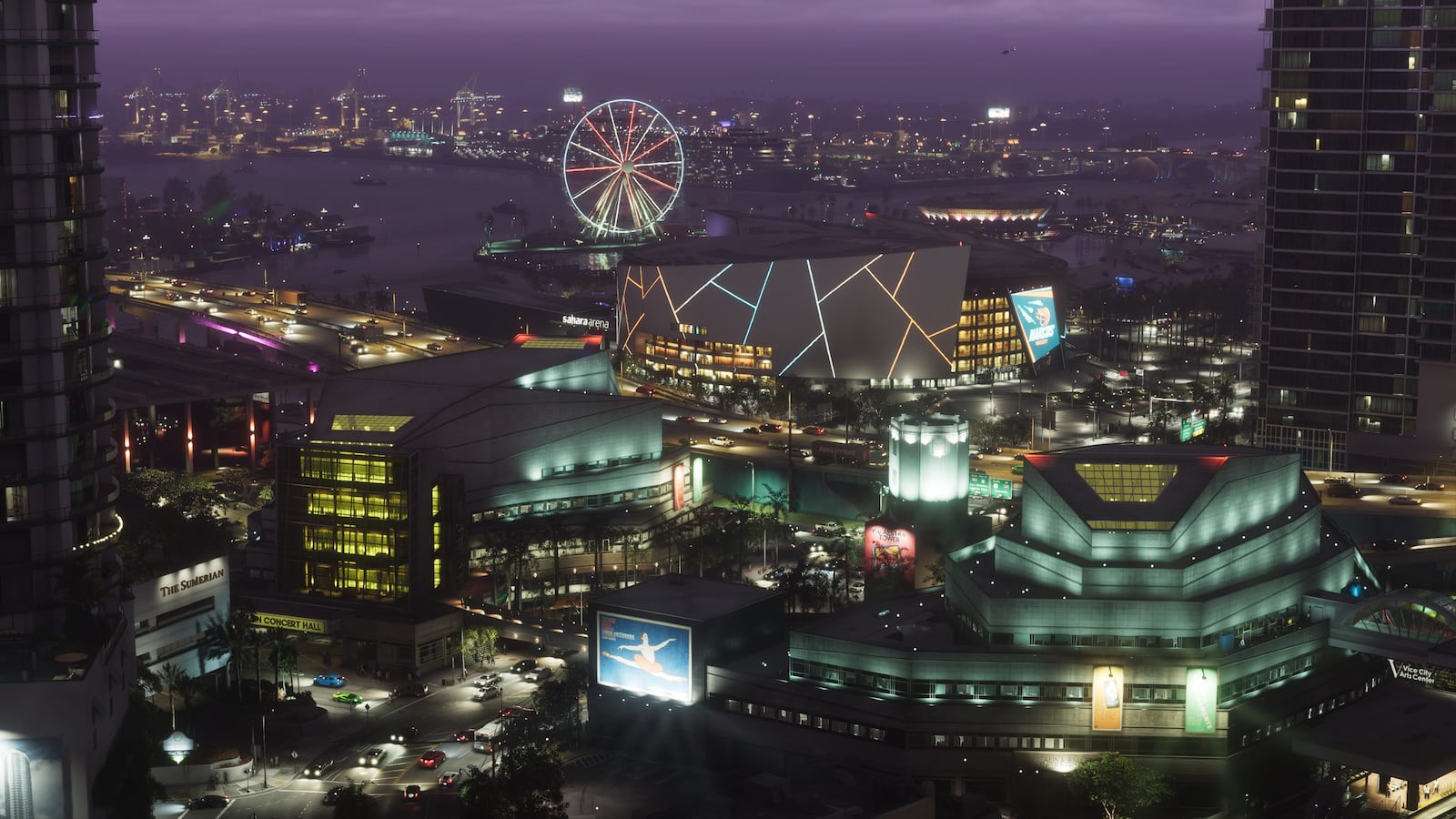 Official GTA VI screenshot showing Vice City's arts district and skyline at night